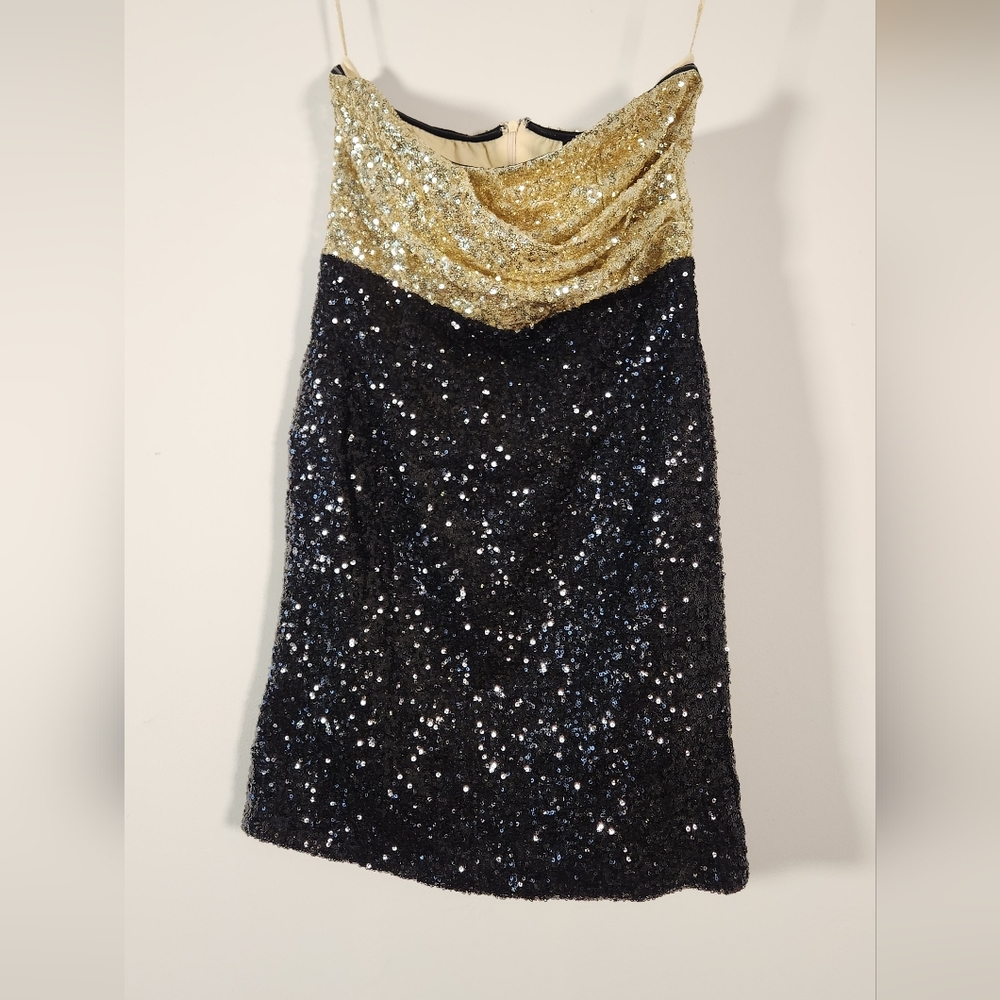 C. Luce Strapless Black and Gold Sequin Dress